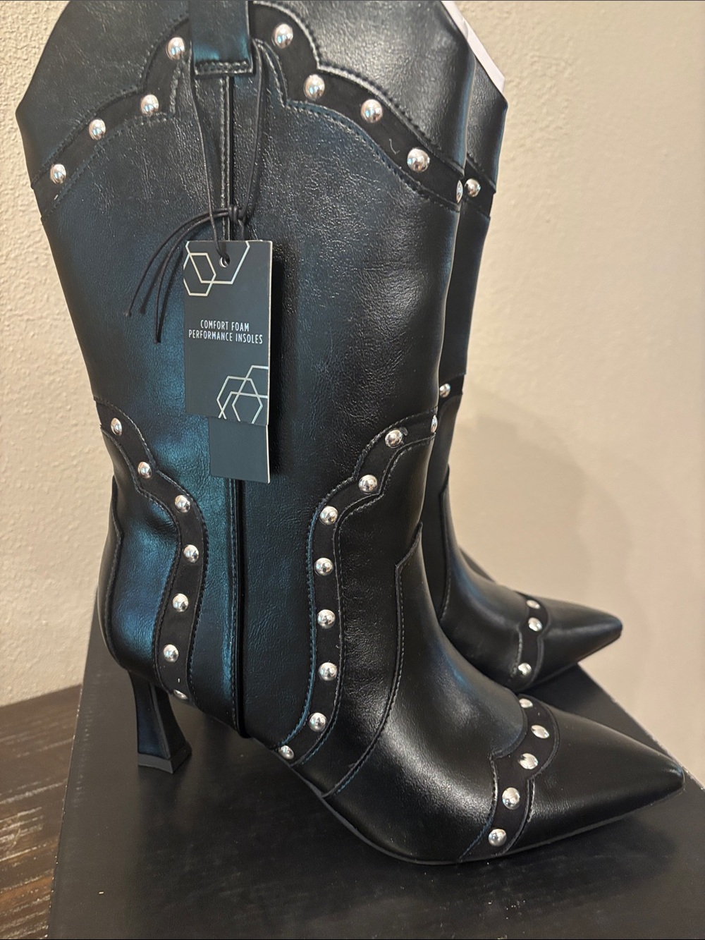 Madden NYC Women’s Black Studded Pointed-Toe Women's Heeled Boots